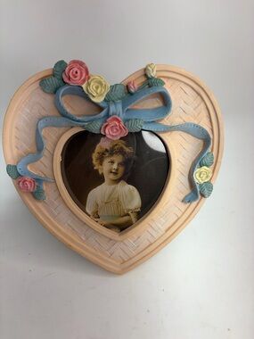 Vintage Pink Heart Shaped Picture Frame With Flowers And Blue Ribbon